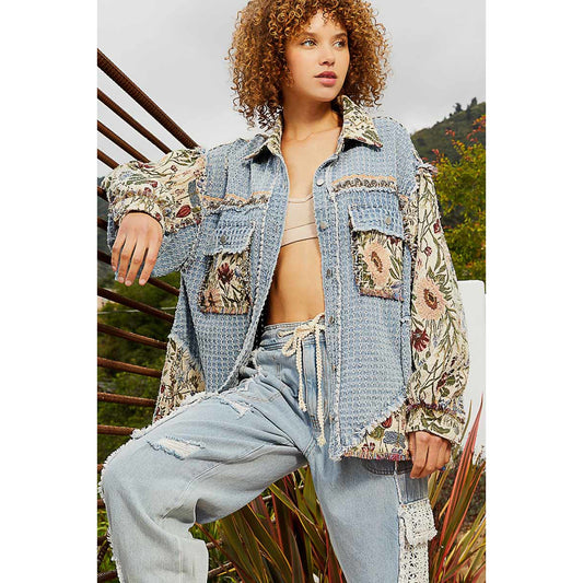 Denim Multi Oversized Jacquard Tapestry Button Down Floral Print Shacket