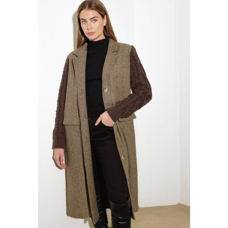 Tweed Sweater Knit Brown Combination Coat