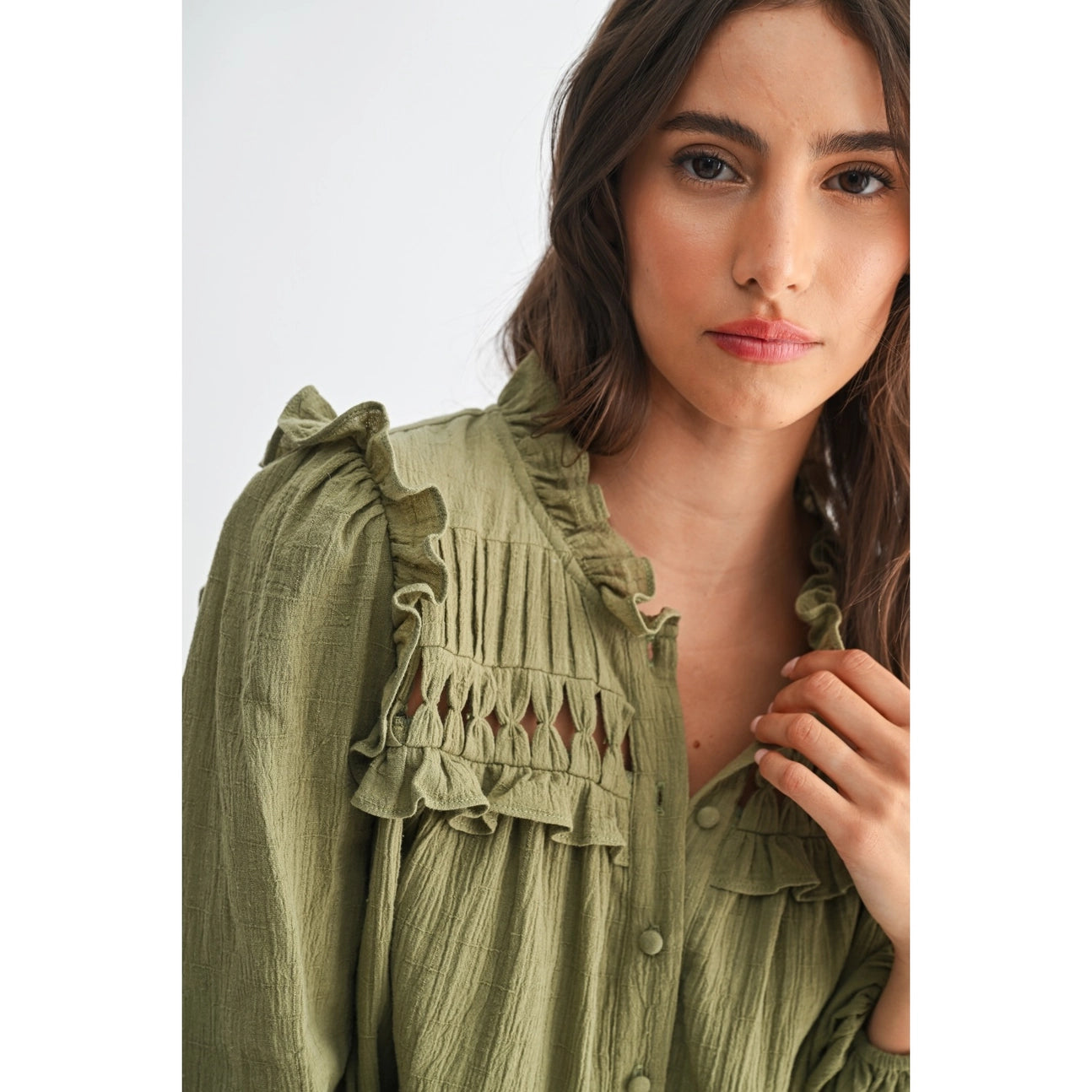 Olive Blouse with Ruffled Detail