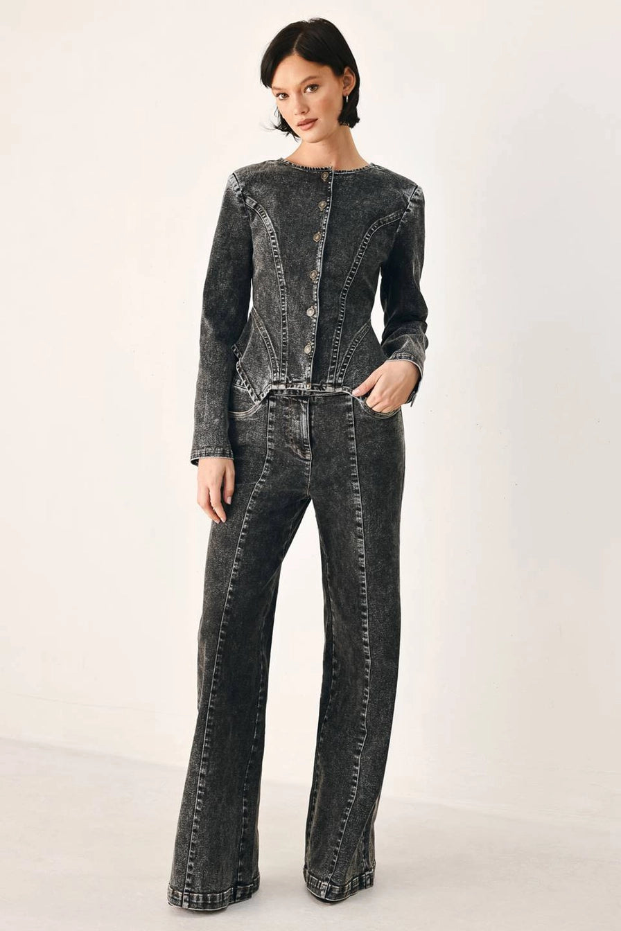 Black Acid Washed Denim Peplum Jacket