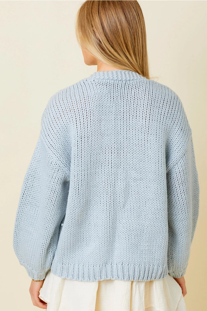 Powder Blue Daisy Sweater Knit Cardigan