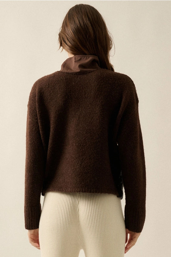 Chocolate Jacquard-Knit Landscape Quarter-Zip Pullover Sweater Jacket