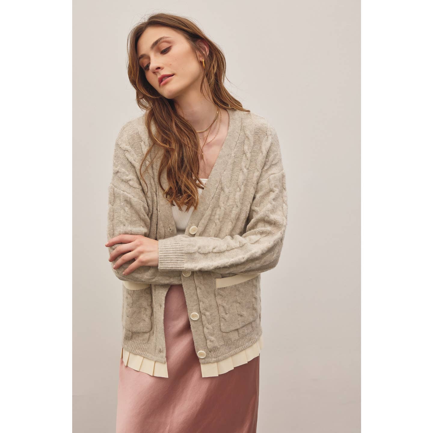 Oatmeal Button-Down Cable Knit Sweater Cardigan