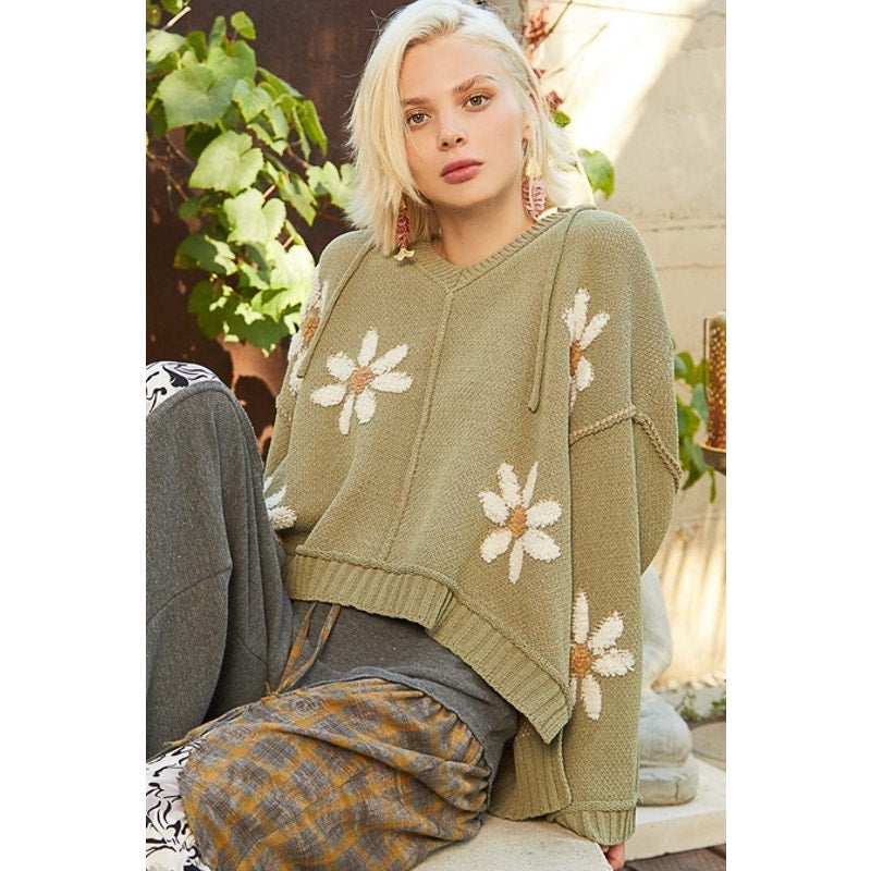 POL Basil Hooded V-Neck Floral Ribbed Sweater