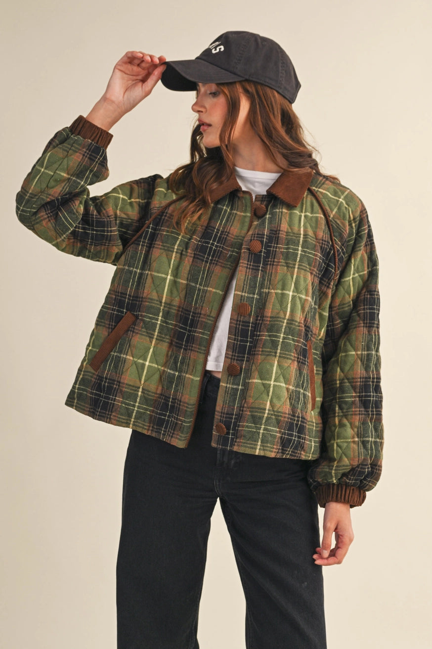 Plaid Quilted Jacket with Corduroy Detail