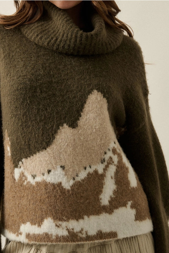 Olive Taupe Mountains Fuzzy Jacquard-Knit Turtleneck Sweater