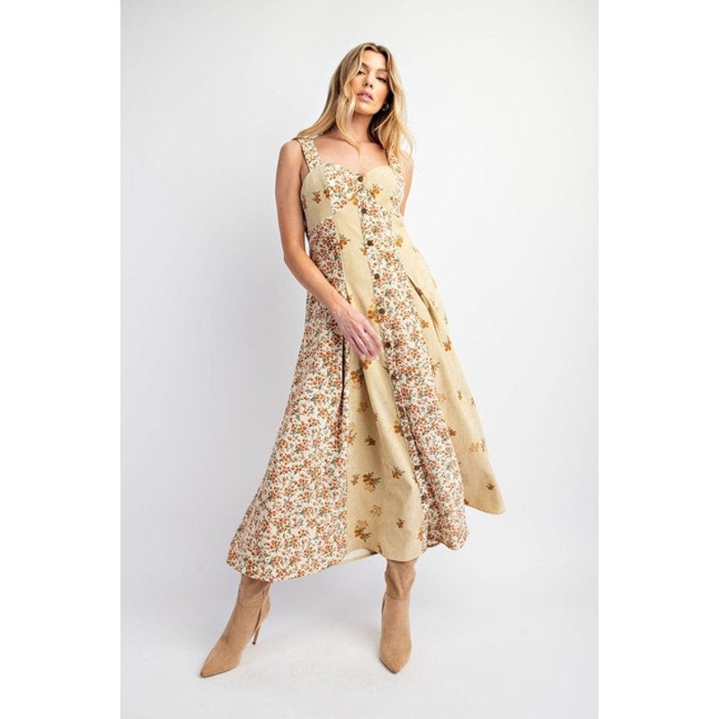 Golden Sand Floral Corduroy Midi Dress