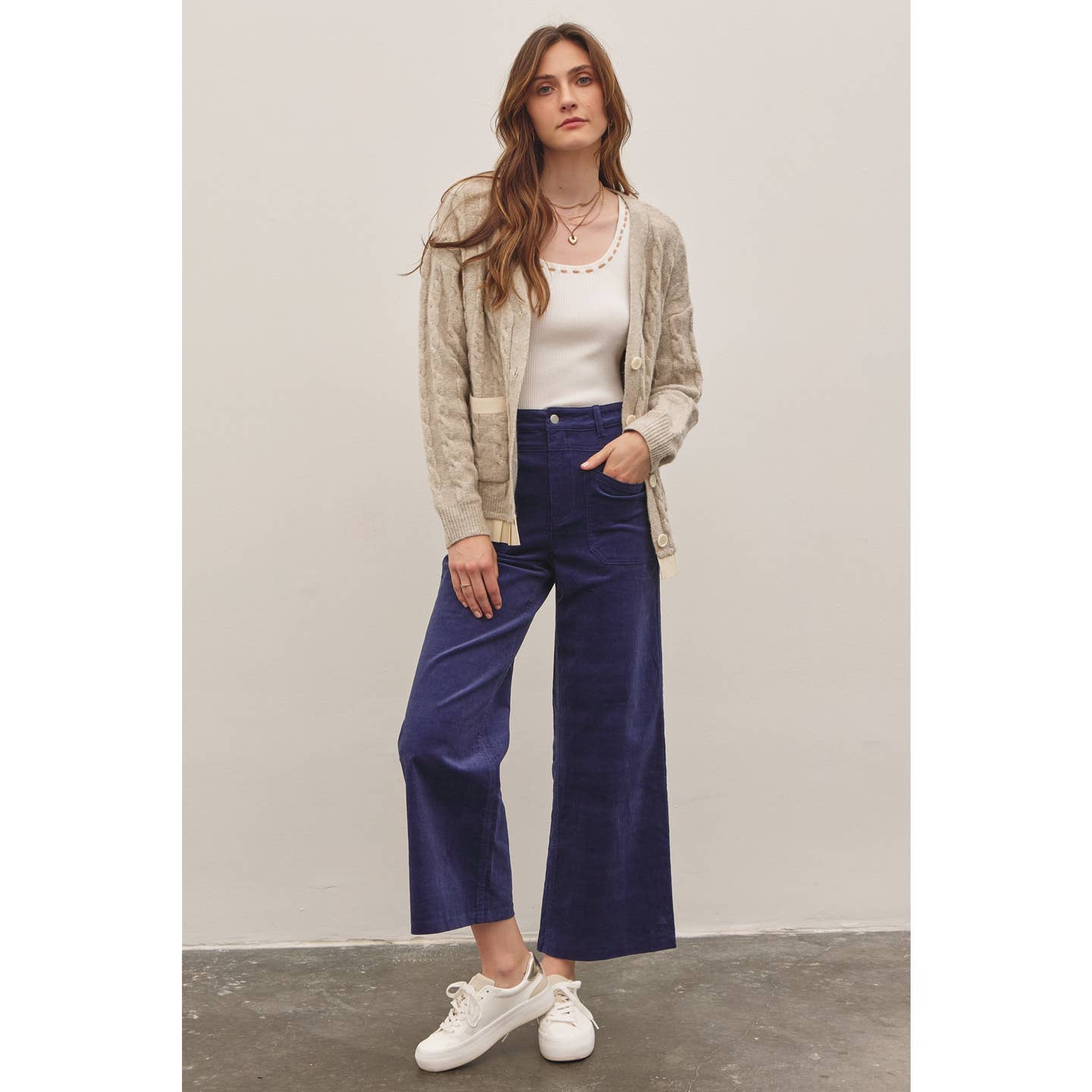 Oatmeal Button-Down Cable Knit Sweater Cardigan