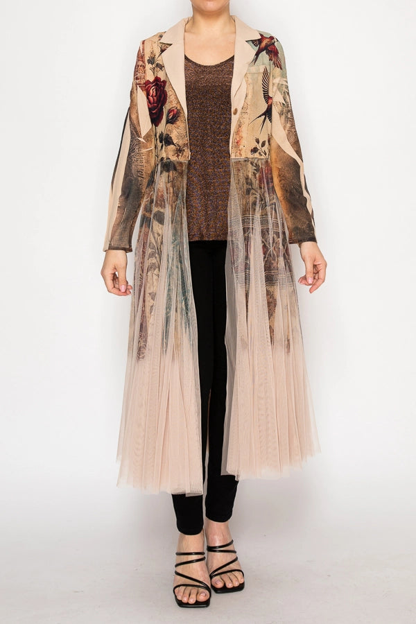 Vintage Bird Longline Blazer Jacket with Mesh Tulle Panel