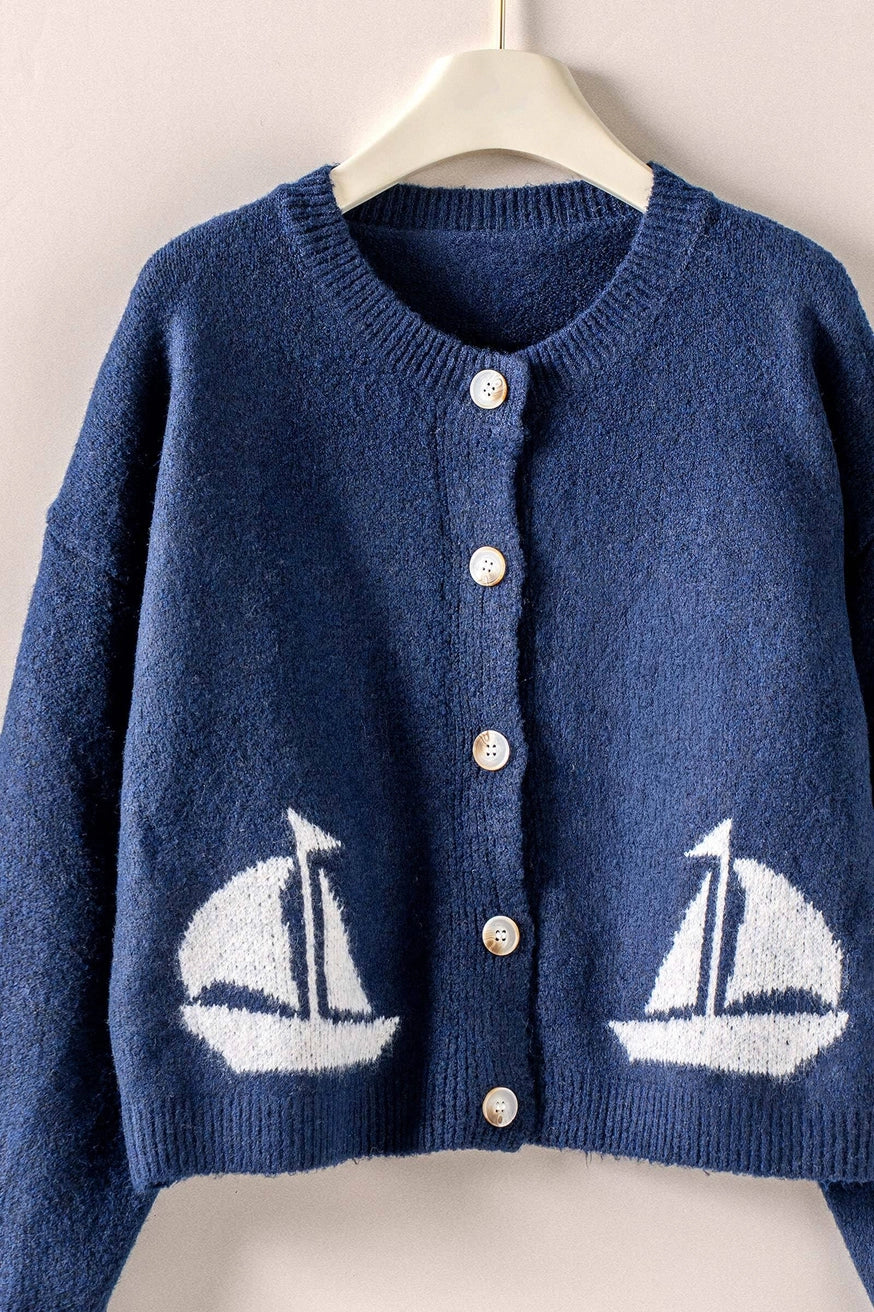 Nautical Sailboat Graphic Knit Button Cardigan
