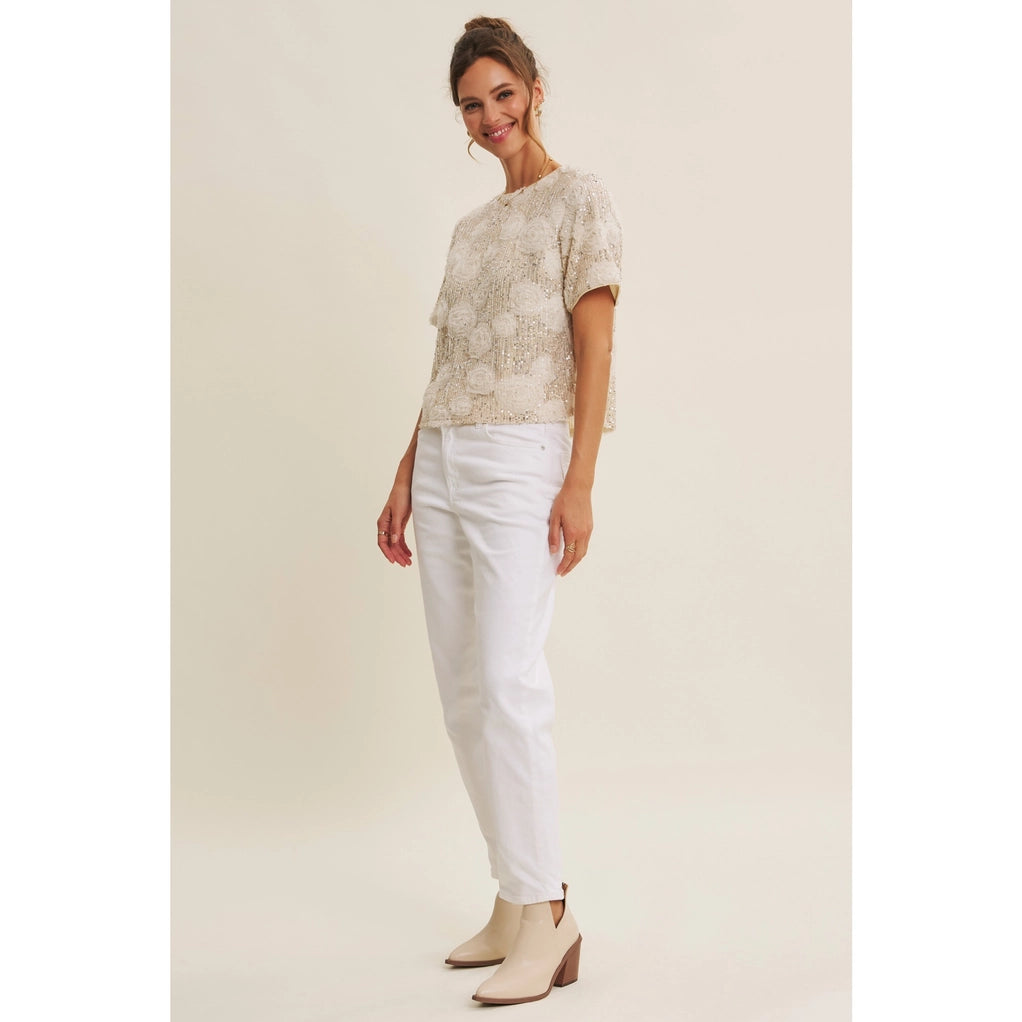 Light-Catching Elevated Shine Sequin 3D Floral Oversized Top
