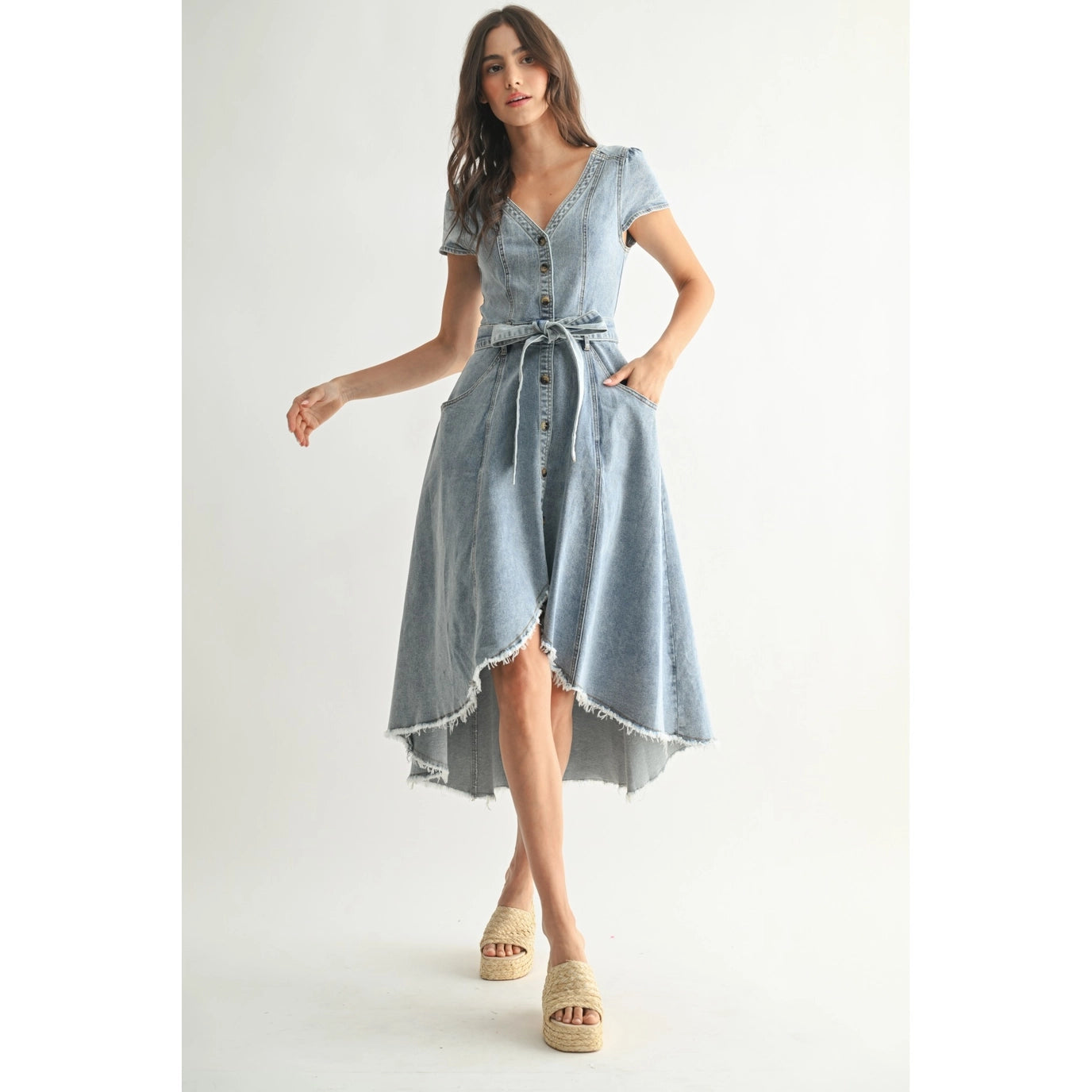 Front Button Down Asymmetrical Denim Dress