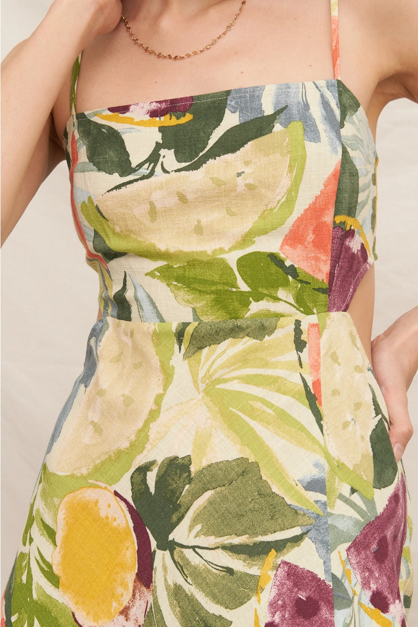 Tropical Fruit Print Sleeveless Midi Dress with Tie-Back