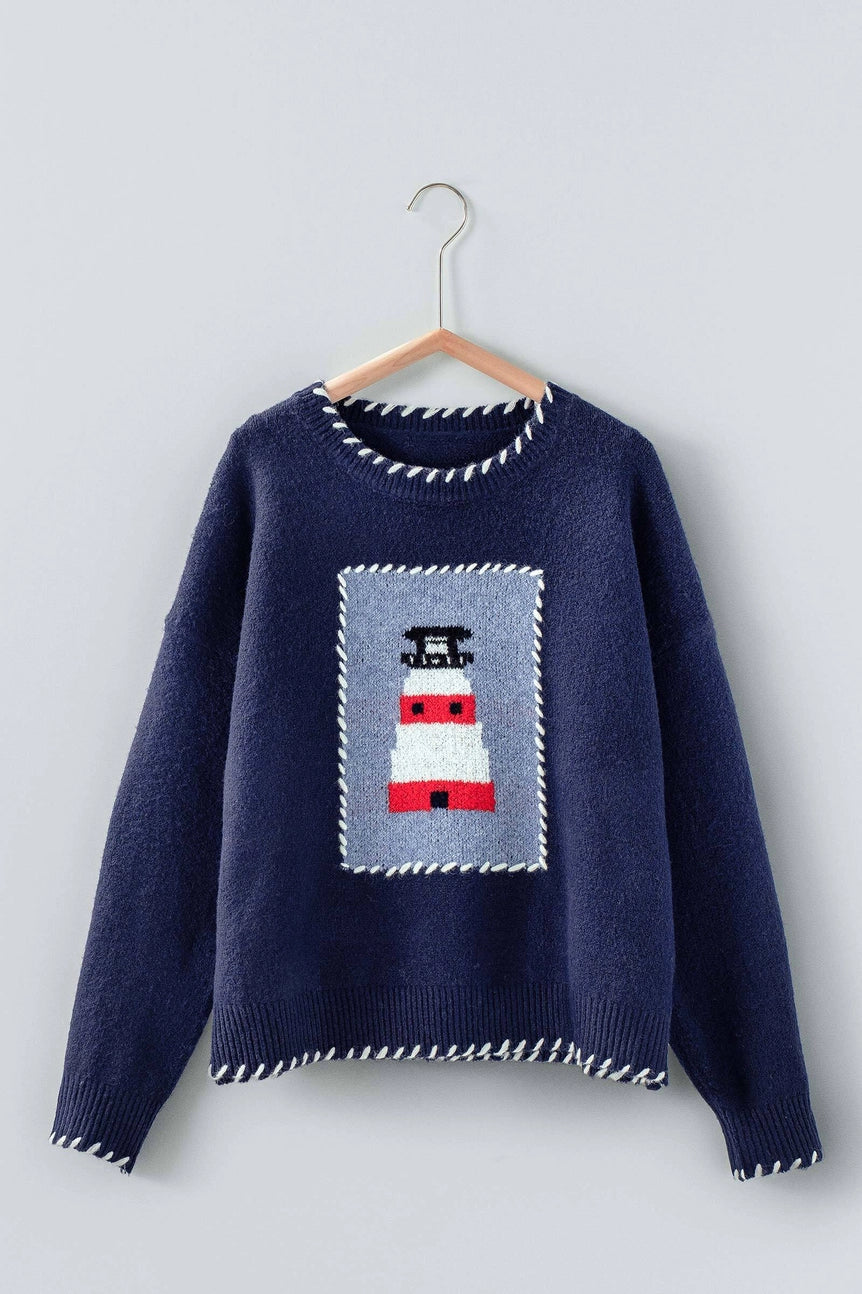 Whipstitch Trim Lighthouse Knit Sweater