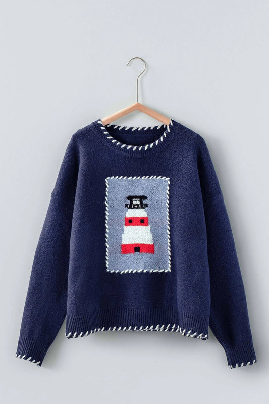 Whipstitch Trim Lighthouse Knit Sweater