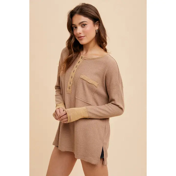 Dusty Camel Garment Washed Thermal Henley