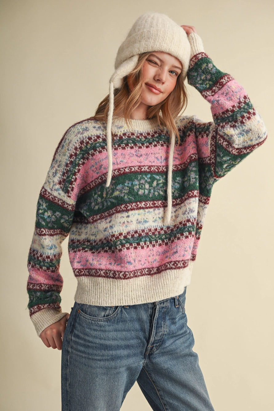 Ivory Pink Floral Fair Isle Sweater