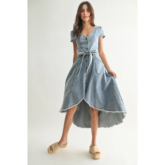 Front Button Down Asymmetrical Denim Dress