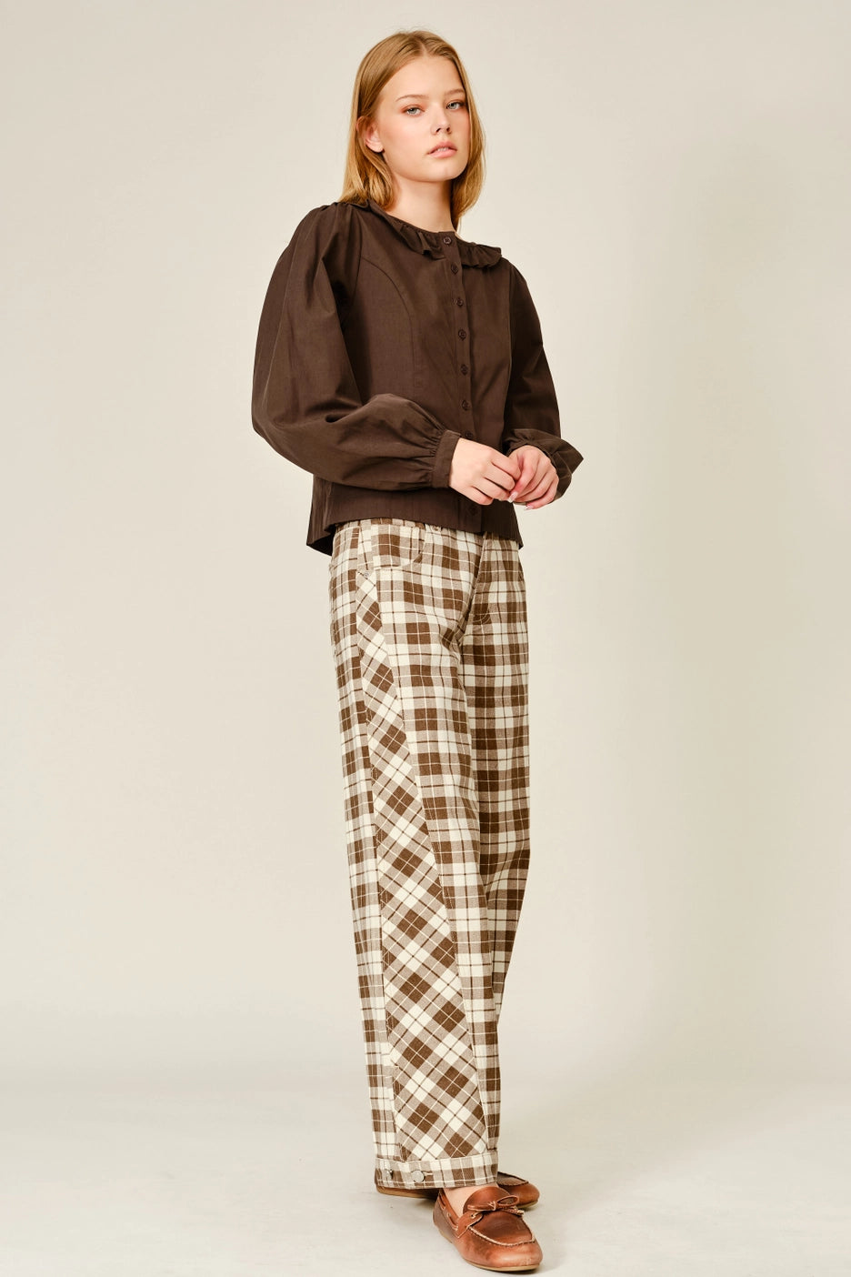Oxford Plaid Wide Leg Cotton Pants