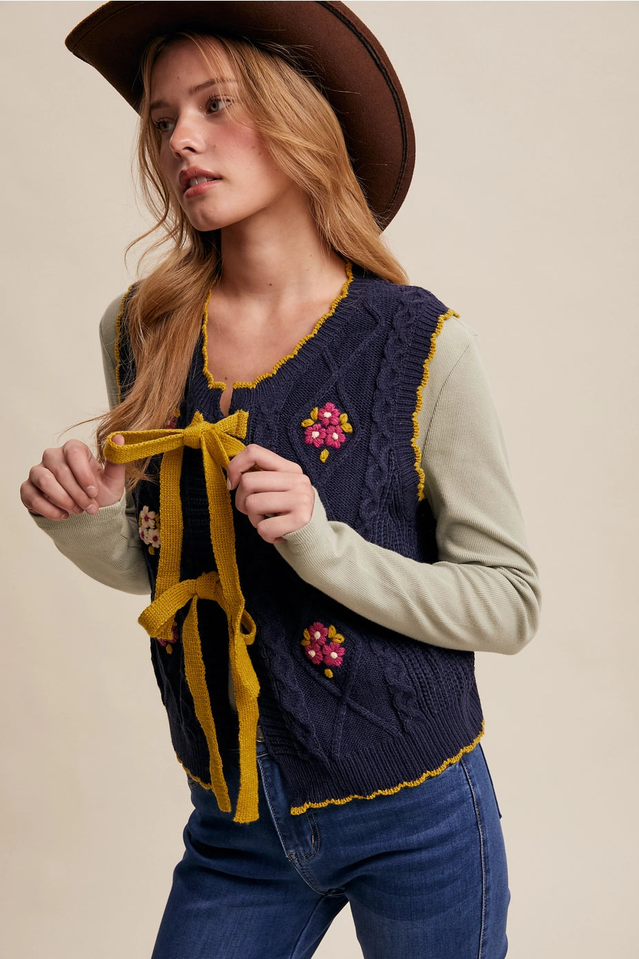 Navy Bow-Tie Floral Knit Vest