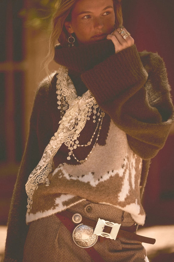 Olive Taupe Mountains Fuzzy Jacquard-Knit Turtleneck Sweater