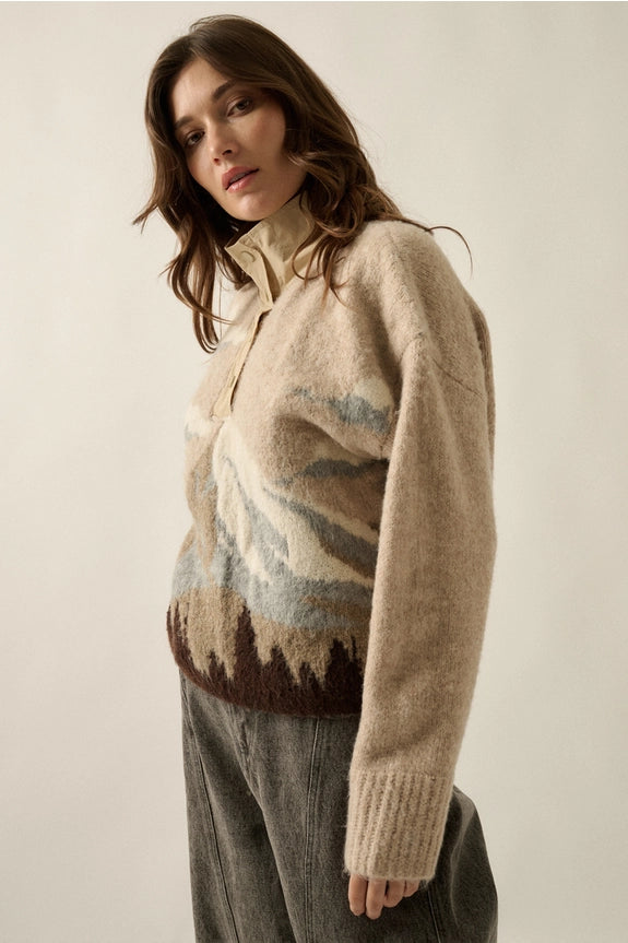 Oatmeal Jacquard-Knit Landscape Quarter-Zip Pullover Sweater Jacket