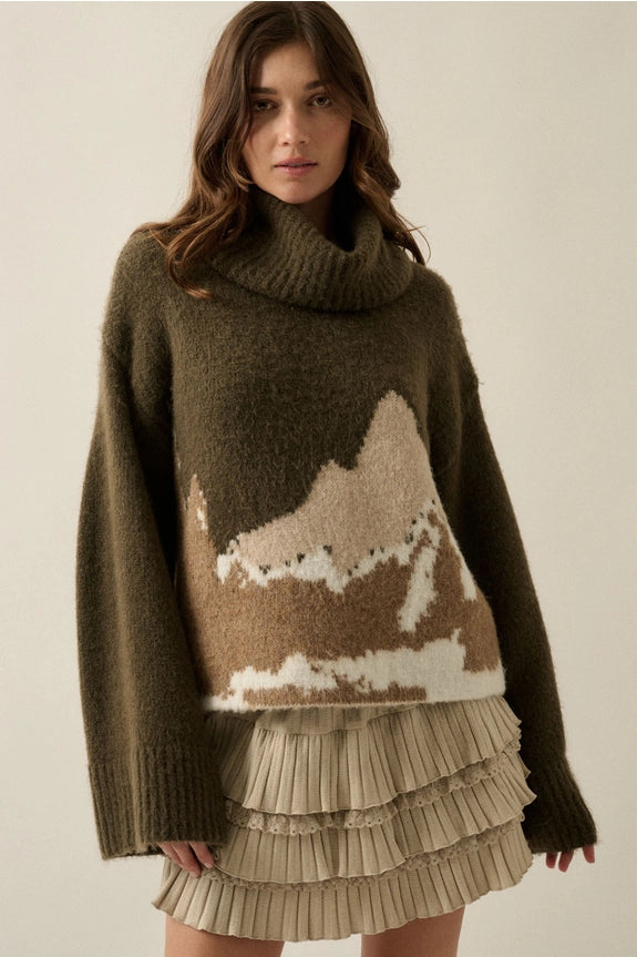 Olive Taupe Mountains Fuzzy Jacquard-Knit Turtleneck Sweater