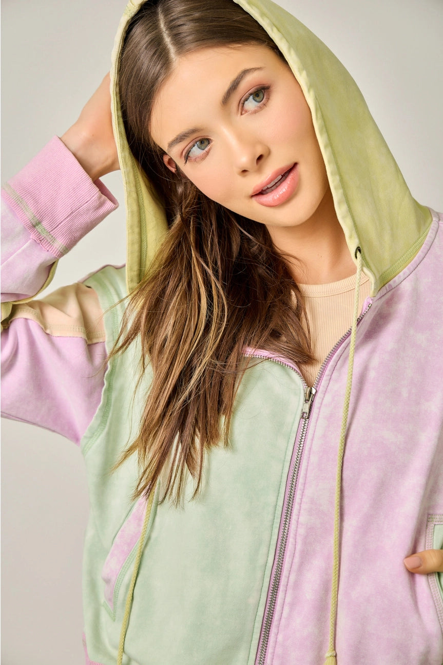 Pastel Garden Color Blocked Zip-Up Hoodie