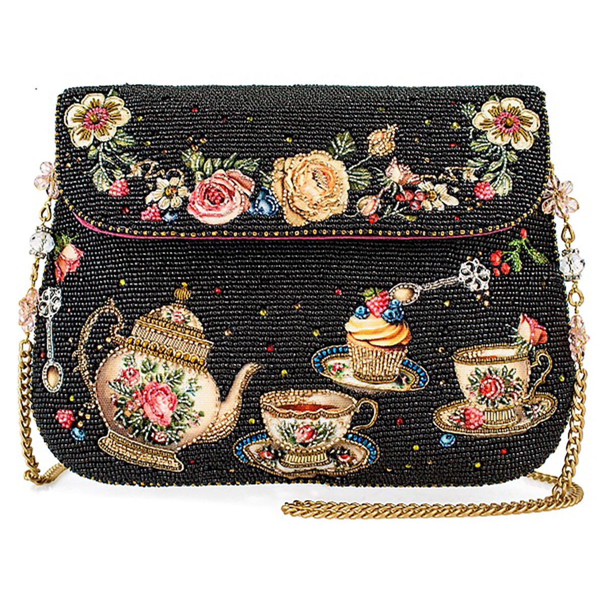 Mary Frances Tea Time Black and Gold Fairytale Beaded Crossbody Handbag