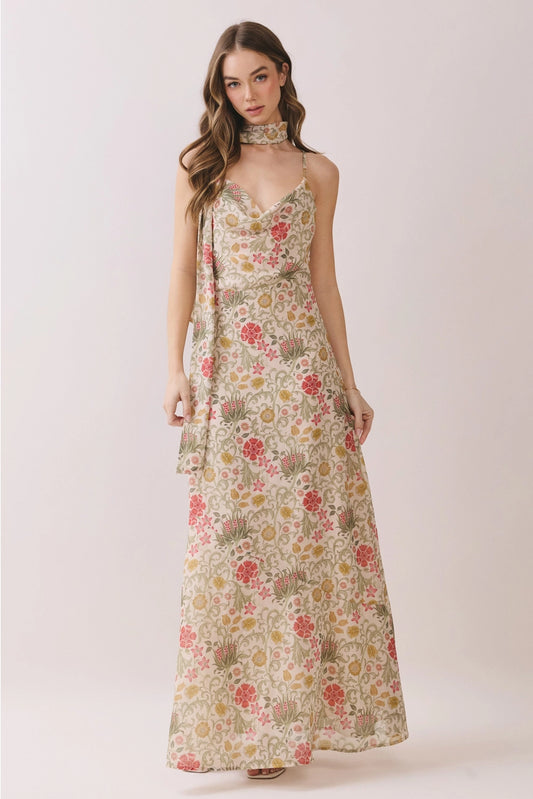 Floral Print Scarf Neck Cowl Maxi Dress