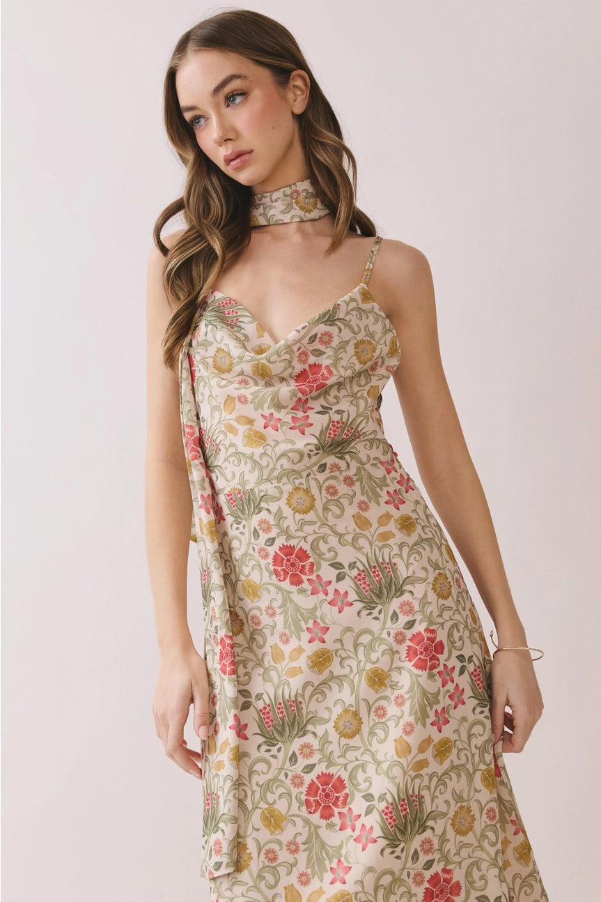 Floral Print Scarf Neck Cowl Maxi Dress