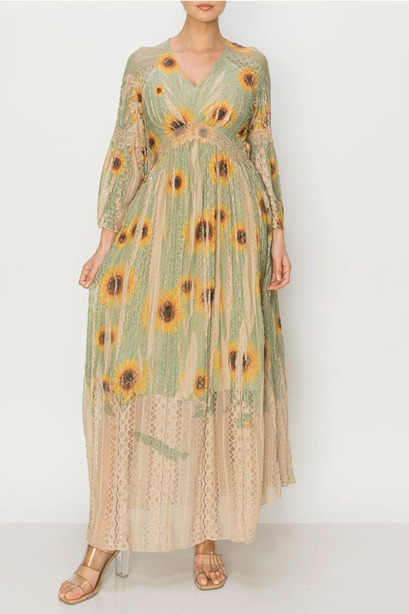 All Lace Bell-Sleeved Sunflower Dress