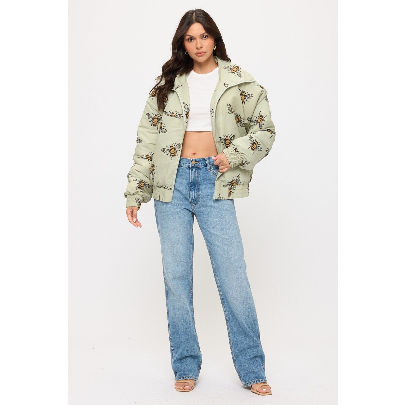 Bumble Bee Print Bomber Puffer Jacket