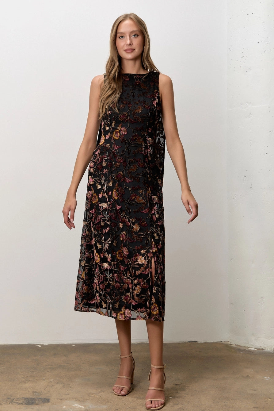 Black Burnout Velvet Boat Neck Midi Dress