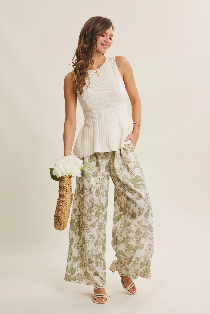 Dusty Sage Summer Days Tropical Palm Leaf Wide-Leg Woven Pants