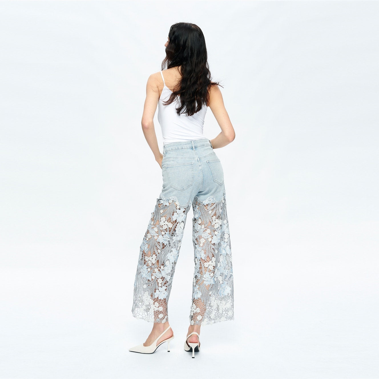 High Rise Wide Leg Jeans with Lace and Rhinestones