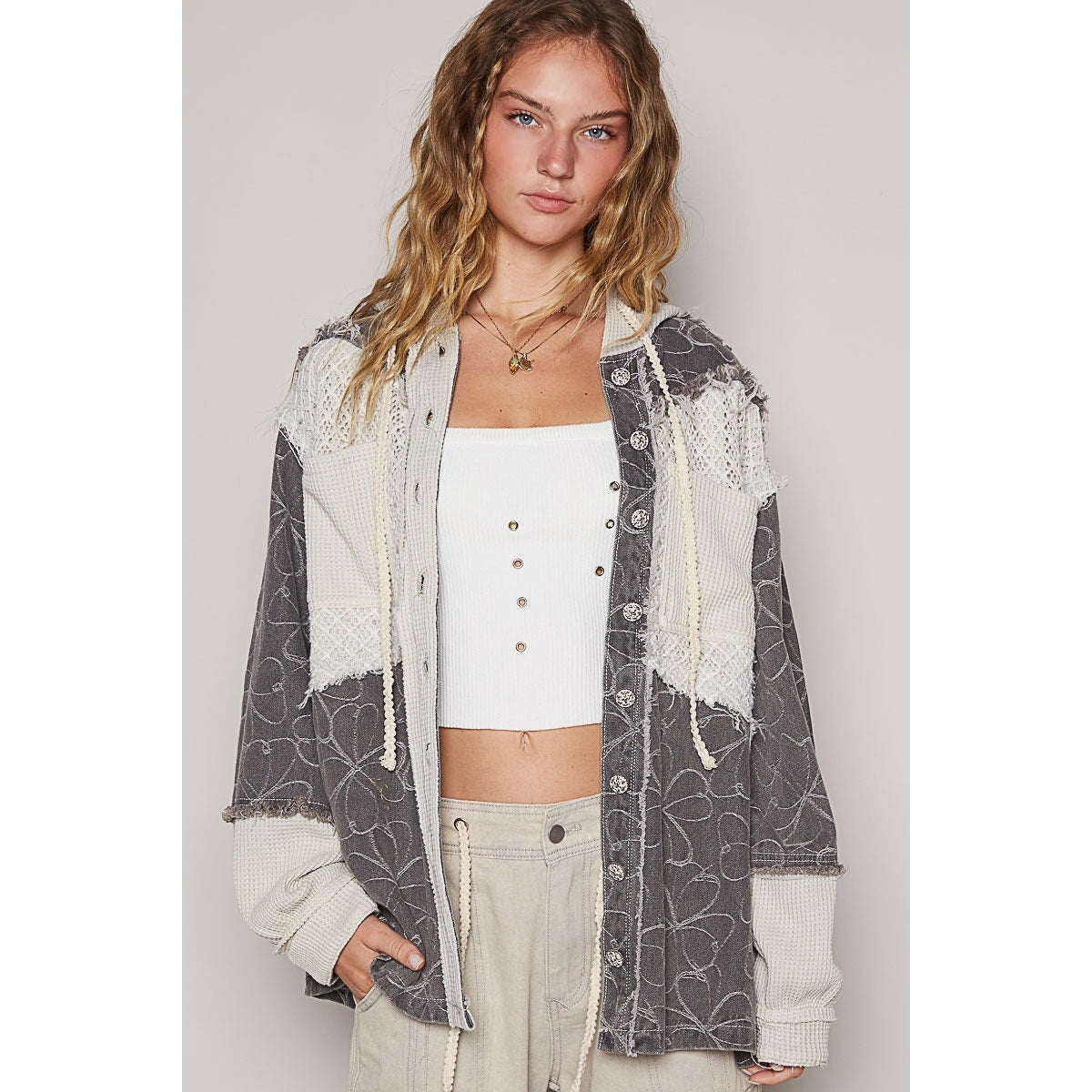 Balloon Sleeve Frayed Edge Detail Hoodie Jacket
