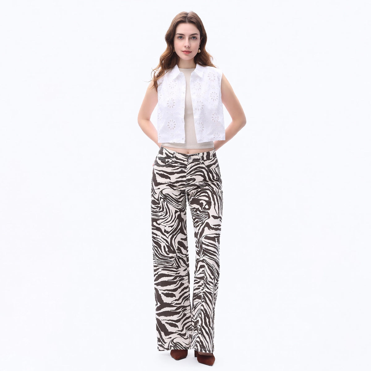 Zebra Print Mid-Rise Wide Leg Jeans