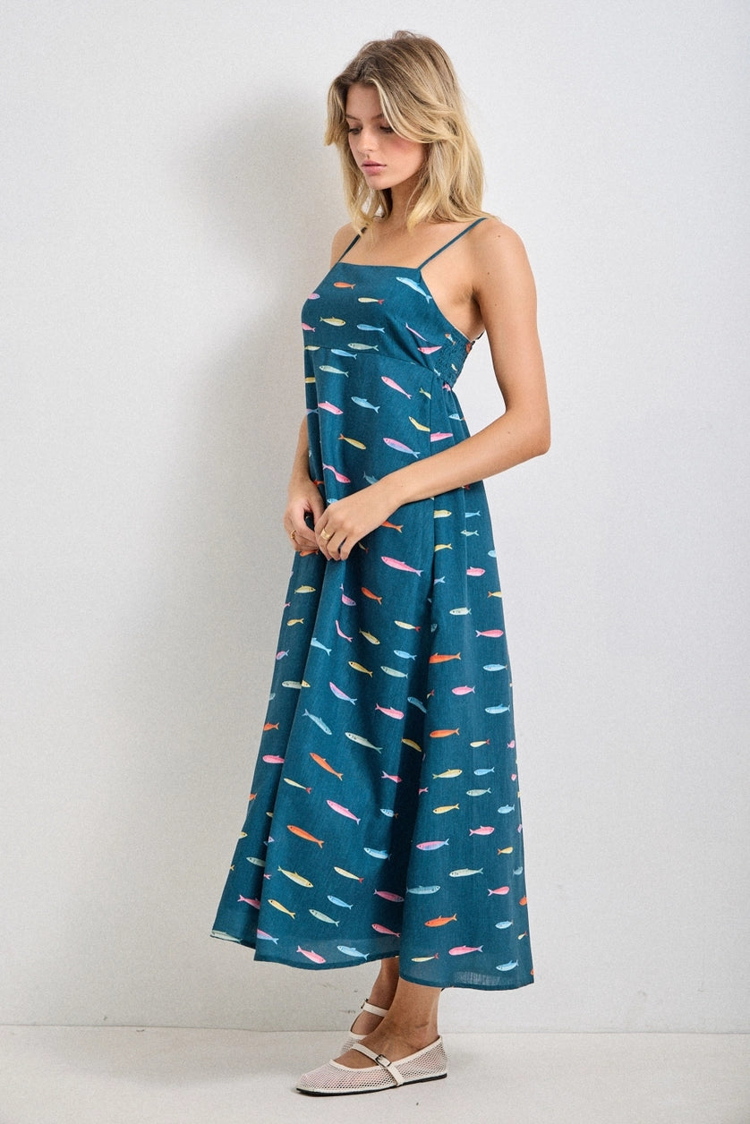Teal Fish Print Sleeveless Midi Dress
