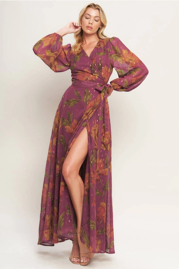 Dark Mauve Textured Floral Wrap Maxi Dress