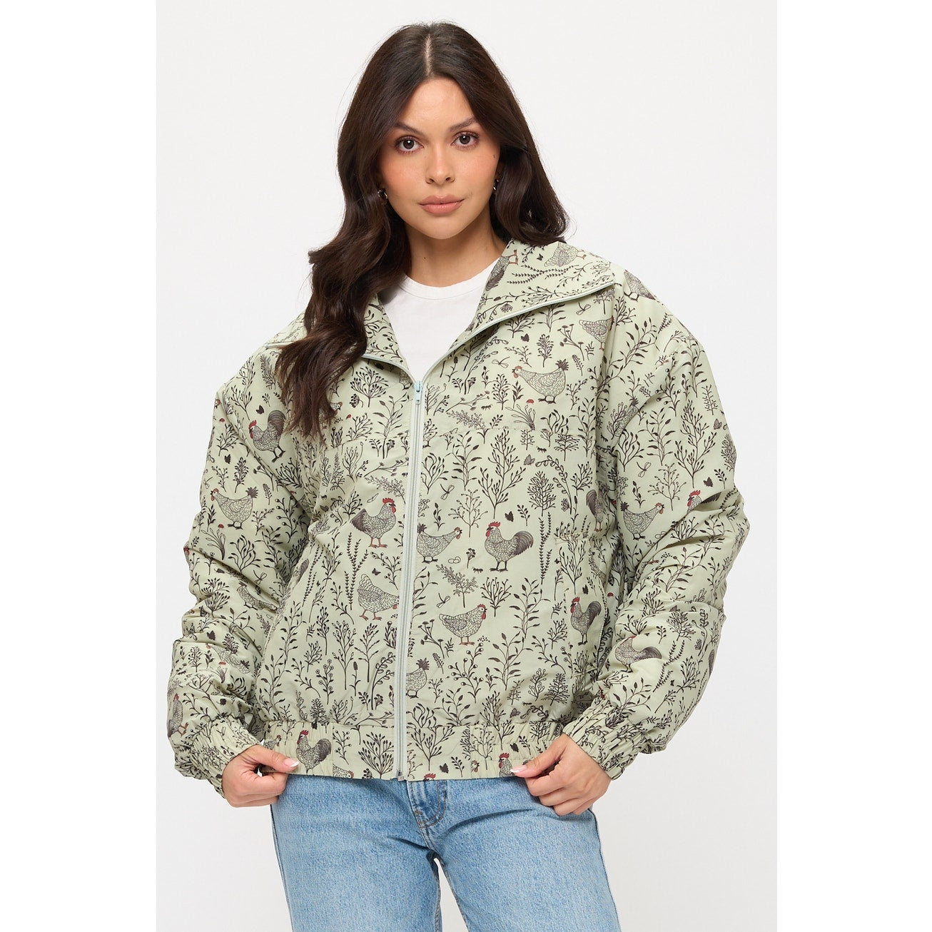 Rooster Floral Print Bomber Puffer Jacket