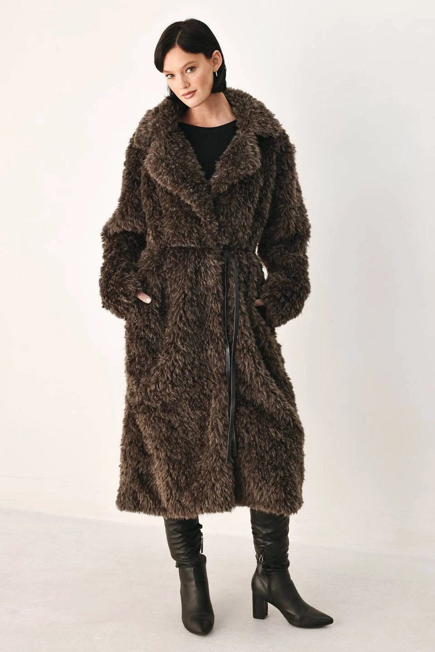 Brown Faux Fur Midi Coat