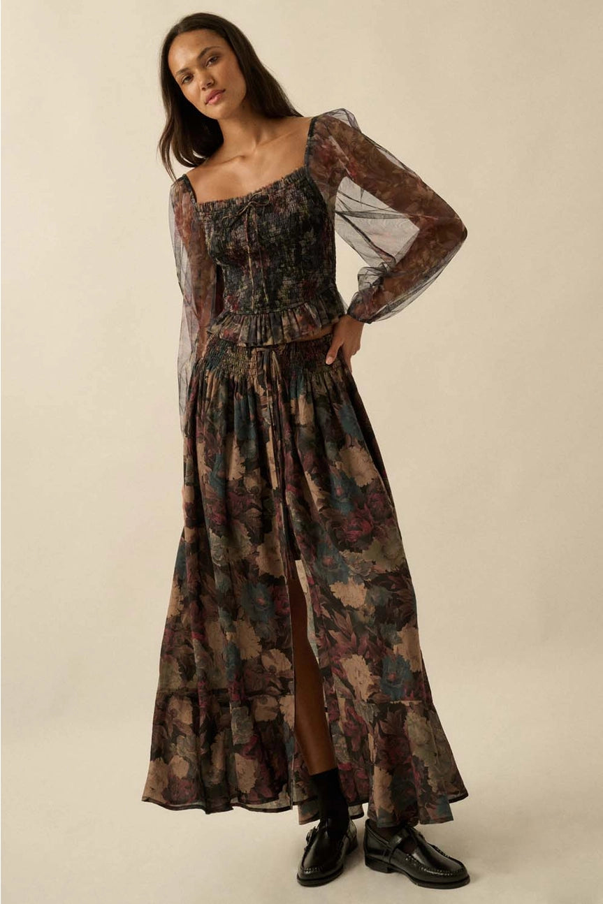 Floral-Print Drawstring Button-Front Maxi Skirt