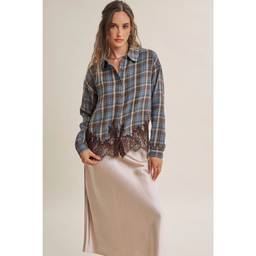 Western Romantic Plaid Eyelash Lace Hem Button-Down Shirt