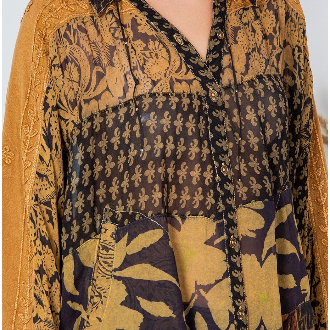 Camel Patchwork Balloon Sleeved Shirt