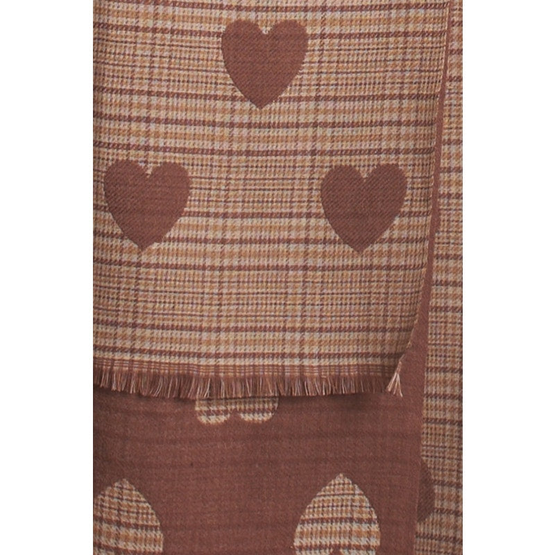 Brown Heart Print Plaid Scarf with Raw Edge