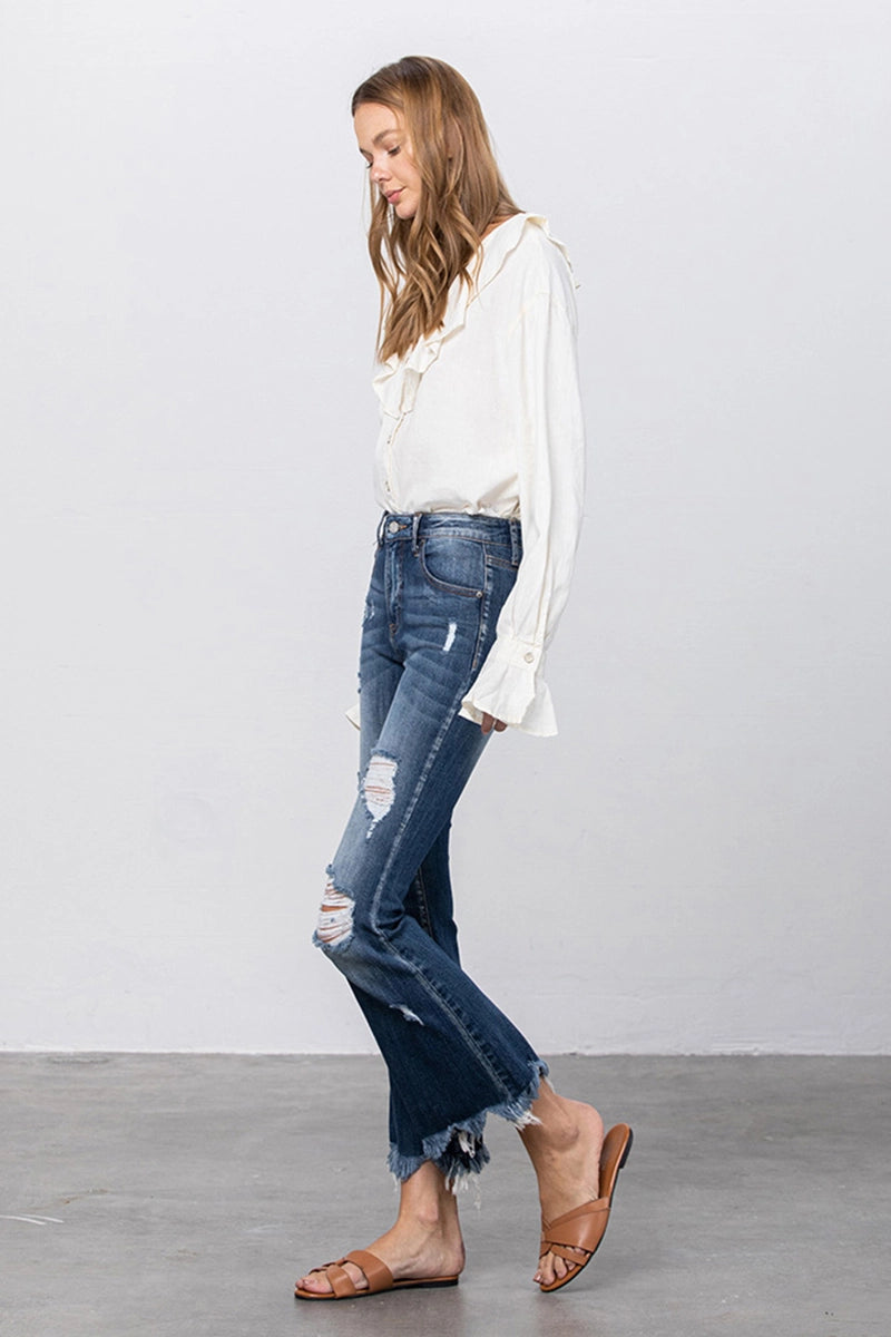 Insane Gene High Stretch Mid Rise Frayed Hem Distressed Crop Flare Jeans