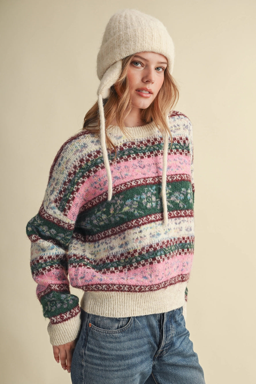 Ivory Pink Floral Fair Isle Sweater