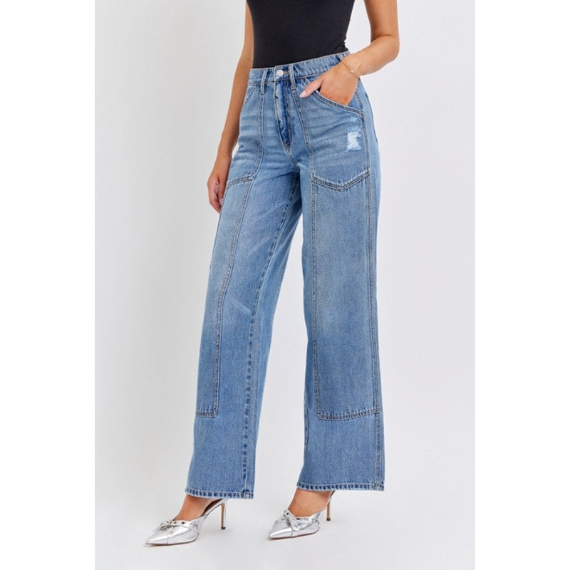 High Rise Wide Leg Jean with Carpenter Details