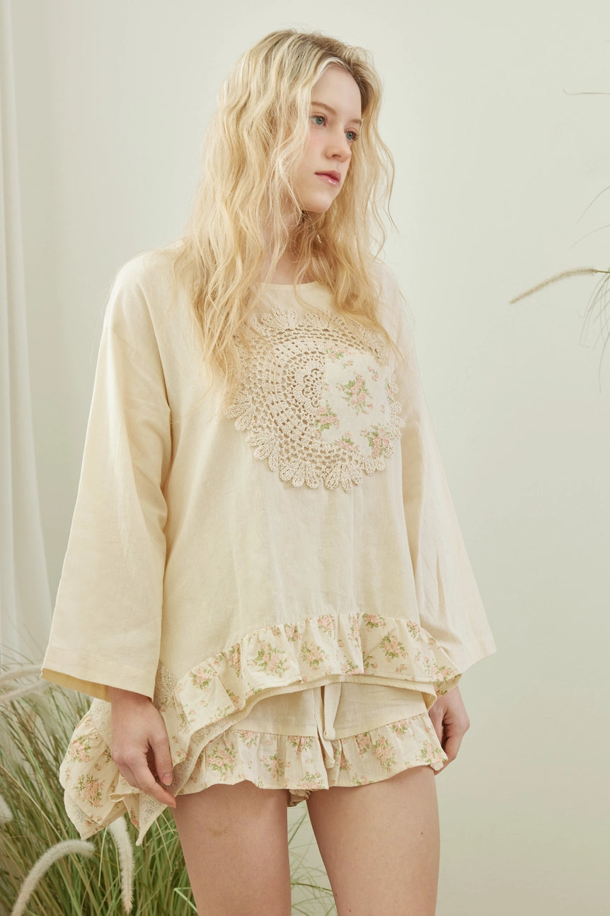 Boho Frilled Floral Crochet Patchwork Top